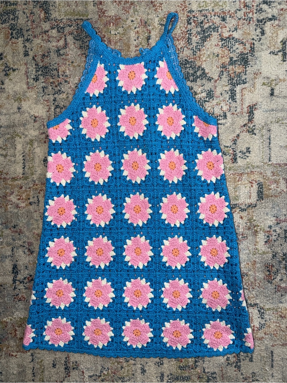 Zara Hand-Crocheted Blue Dress with Pink Floral Motifs